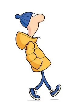 Young guy in winter jacket walk. Cartoon character, Isolated on white backgro Stock Illustration