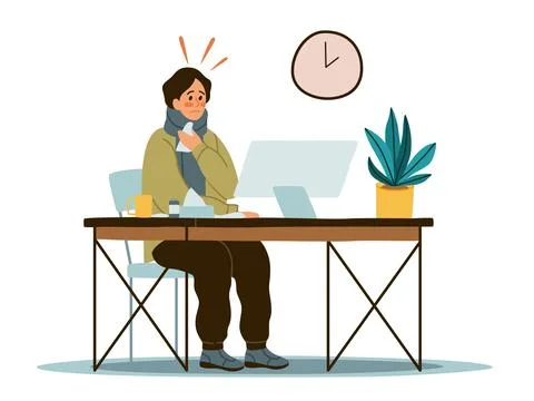 Young guy worker sitting in office at computer with high fever and sick with Illustrazione stock