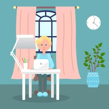 Young guy working at laptop sitting at table near window, distance work Stock Illustration