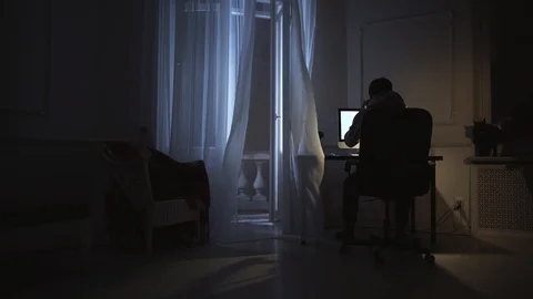 Young guy working on script on computer, girl plays with cat on window sill Stock Footage 85707783