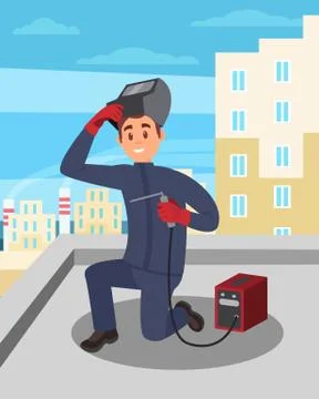 Young guy working with welding machine on building roof. Man in protective Ilustración de archivo