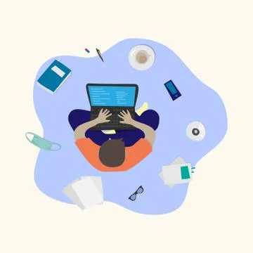 A young guy works with a laptop while lying around his stuff Stock Illustration