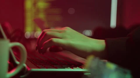 Young hacker breaking password of credit bank card. Woman programmer hands Stock Footage 159415609