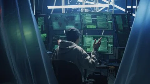Young hacker celebrating successful attack 写真素材