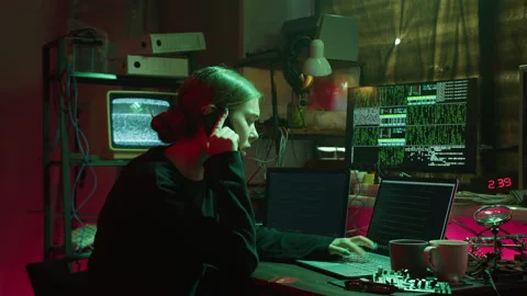 Young hacker typing on keyboard at night, breaking password, using laptop and 動画素材 159417488