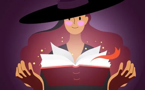Young Halloween witch practicing witchcraft with an open spell book Stock Illustration