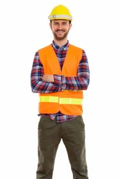 Young handsome bearded man construction worker Stock Photos