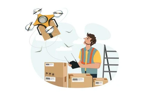 Young handsome man controls drone delivery illustration Stock Illustration