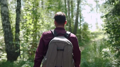 Young handsome man hiking with a backpack through the forest and looking around Stock Footage 139208062
