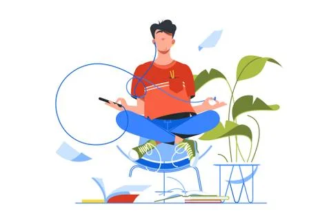 Young handsome man meditating using smartphone for yoga training. Stock Illustration