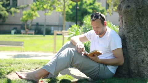 Young handsome man reading book in park Stock Footage 6530569