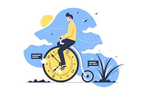 Young handsome man rides time bike on nature background. Stock Illustration