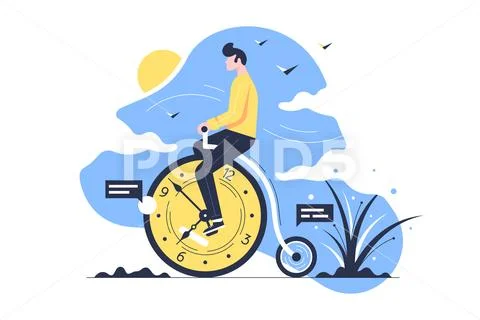 Young handsome man rides time bike on nature background. Stock Illustration
