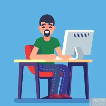 Young handsome man is sitting typing something on the desktop computer and fr Иллюстрация