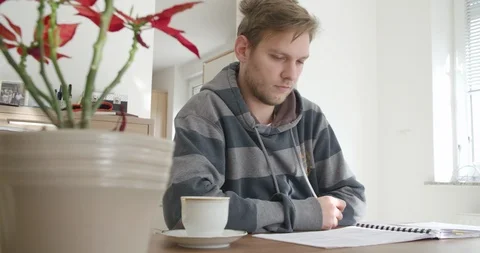 Young handsome man, student studying in his home, checking and reading notes.  Stock Footage 124103877
