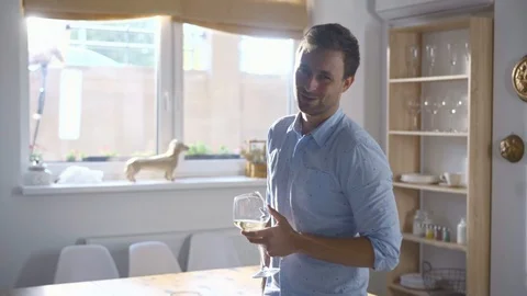 Young handsome man talking to his partner offering a glass of wine to somebod Stock Footage 105683278