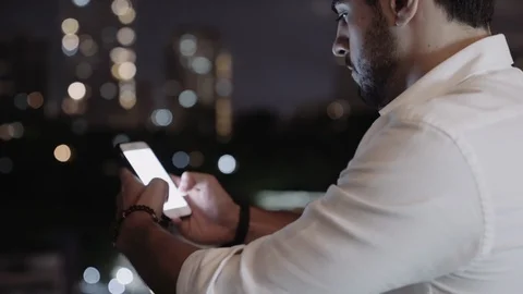 Young Handsome Man Texting Message Phone Medium Shot Stock Footage 96102139
