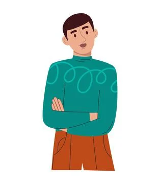A young handsome man with a thoughtful face. In a green longsleeve and brown Stock Illustration