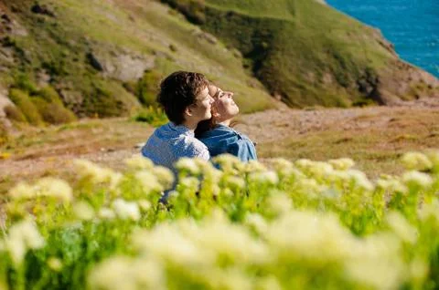 Young happy amorous cheerful couple, outdoor Stock Photos