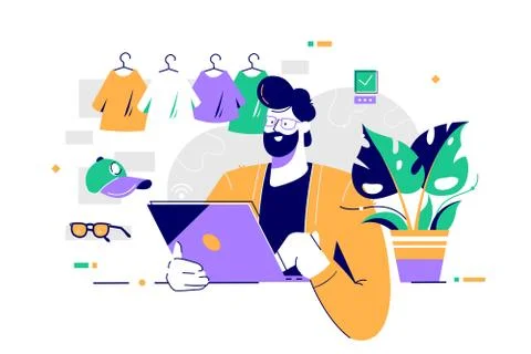 Young happy bearded man using laptop for shopping. Stock Illustration