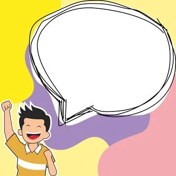 Young happy boy presenting important information and brand new agenda. Big white Illustrazione stock