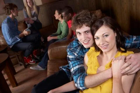 Young happy  couple in cafe Stock Photos