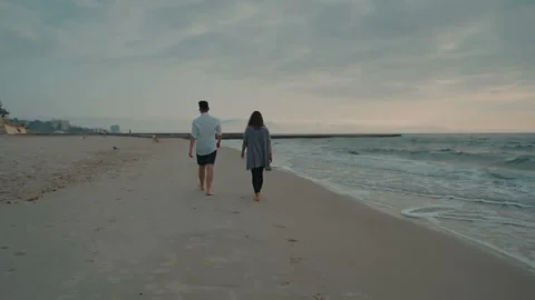 Young happy couple having fun with husky dog on beach Stock Footage 117362233