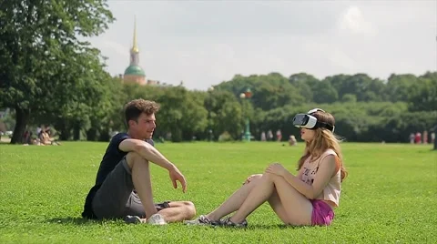 Young happy couple with virtual reality glasses. They getting VR experience  Stock Footage 66422006