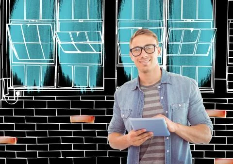 Young happy on front of new office wall lines in negative (black back and white Stock Photos