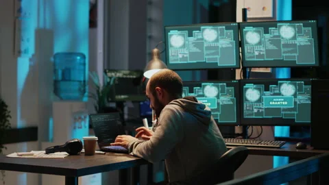 Young happy hacker celebrating coding achievement at night Stock-Footage 220750055