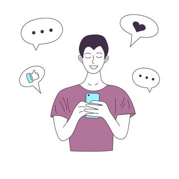 Young happy man using a smartphone and chatting. Communication, mobile, con.. Stock Illustration