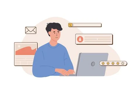 Young happy web UI UX designer working on laptop. Freelancer at work creating Stock Illustration