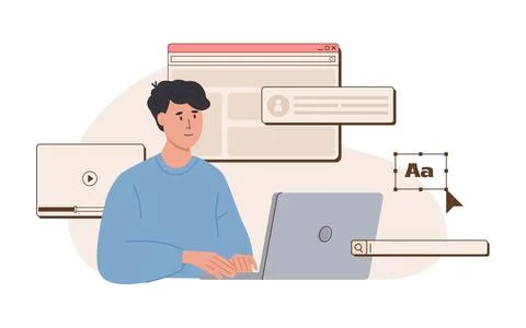 Young happy web UI UX designer working on laptop. Freelancer at work creating Stock Illustration