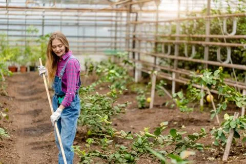 Young happy woman weeding in the garden Stock Photos