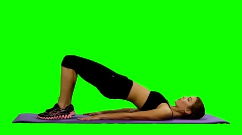 Young healthy woman fitness abdominal exercises. Green screen, stretching, Gym Stock Footage
