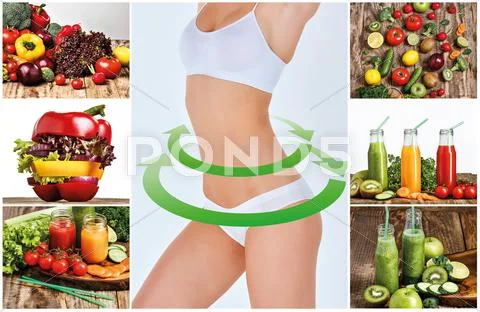 Young healthy woman with vegetables. Collage Stock Photos