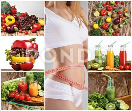Young healthy woman with vegetables. Collage Stock Photos