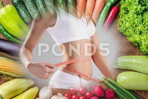 Young healthy woman with vegetables. Collage Stock Photos