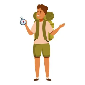 Young hiker exploring using compass and backpack, embracing outdoor adventure Illustrazione stock