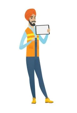 Young hindu builder holding tablet computer. Ilustración de archivo