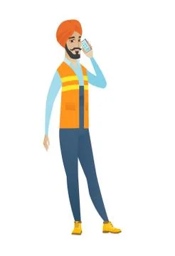 Young hindu builder talking on a mobile phone. Ilustración de archivo