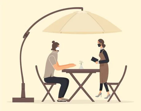 Young hipster guy sitting at table in cafe. Sportsman talking with waitress Stock Illustration