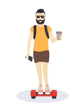 Young hipster on hoverboard, isolated over white, vector illustration Ilustração Stock