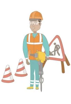 Young hispanic builder using pneumatic hammer. Stock Illustration