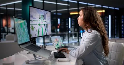 Young Hispanic Civil Engineer Using Laptop To Analyze City Bike Lane Traffic  Stock Photos