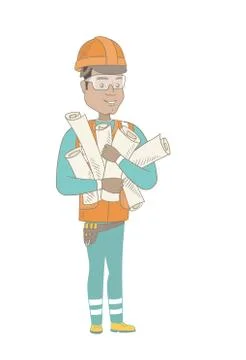 Young hispanic engineer holding twisted blueprints Stock Illustration