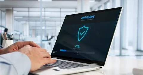 Young Hispanic Man Browsing Online With Secure Cybersecurity Software Protect Foto stock