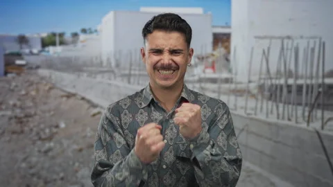 Young hispanic man celebrating at construction site outdoors wearing patter.. Stock Footage 309119905