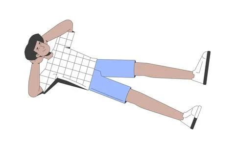 Young hispanic man in checkered tshirt lying on back hands behind head char.. Stock Illustration
