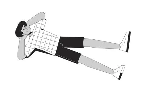 Young hispanic man checkered tshirt lying on back hands behind head 2D char.. Stock Illustration